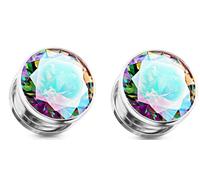 Bouchons d'oreille en acier chirurgical à vis avec oxyde de zirconium, 14MM-9/16 INCH, Cristal, zirconium carré