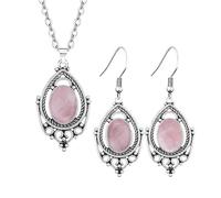 Boucle D 'Oreille Femme,Ensembles De Bijoux Pour Femmes Vintage Filigrane Incrustation Ovale Quartz Rose Pendentif Collier Boucles D'Oreilles Pendantes Style Baroque Dangle Crochet Boucles D'Oreille