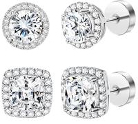 Boucle D'oreille 2 paires de boucles d'oreilles à tige rondes et carrées dos plat for femmes, grandes(Gold Tone)