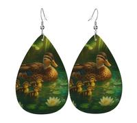 Boucle D'Oreille Adorable Famille De Canards Et Lotus Boucles D'Oreilles En Cuir Forme De Goutte Double Face Pendantes Pour Décorations Femme Quotidien