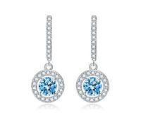 Boucle Doreille Femme, Boucles D'Oreilles Femme Pendantes Bleues Zircone Cubique Boucles D'Oreilles Doubles Rondes à Quatre Griffes 29.5X11.8Mm