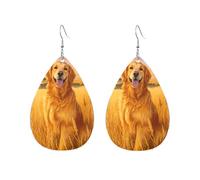 Boucle D'Oreille, Golden Retriever Champ De Blé Ensoleillé, Leather Earrings, Tendance, Légères, Boucle D'Oreille En Cuir Pour Decorations Femmes Cadeau