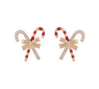 Boucle D'Oreille Homme d'oreilles puces en forme de canne à sucre, plaquées or, ornées de strass et cubiques, avec nœud, émail rouge et vert Bijoux fantaisie pour Noël les fêtes (Gold, 1 5cm)