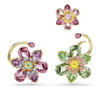 Boucle d'oreille manchette Idyllia, Parure (3), Design asymétrique, Tailles variées, Fleur, Multicolore, Doré à l’or 18 carats (750/1000) OS