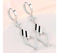Boucle D'Oreille Mariage, Boucles D'Oreilles Pendantes Noir Plaqué Argent Zircone Cubique Losange Géométrique Bicolore Double Couche 90X12Mm