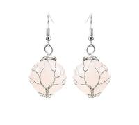 Boucle d'oreille Pierre, Boucles d'oreilles Pendantes en Quartz Rose Naturel avec Enroulement De Fil Arbre De Vie Pendentif Rond Pendantes Boucles d'oreilles Crochet Équilibre en Cristal Chakra Bij