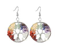 Boucle D'Oreille Pierre, Naturel 7 Chakra Boucles D'Oreilles Pendantes Avec Arbre De Vie Rond Pendentif Dangle Crochet Boucles D'Oreilles Cristal De Guérison Reiki Équilibre Chakra Bijoux Cadeau P