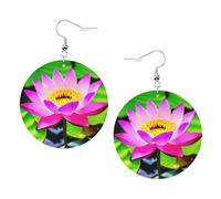 Boucle d'oreille ronde en similicuir, boucles d'oreilles tendance, boucles d'oreilles pendantes avec imprimé floral de lotus mignon