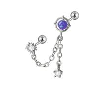 Boucle d'oreille tendance en acier inoxydable avec double chaîne percée pour femme - Zircon coloré - Bijoux tendance - Chaîne réglable
