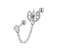 Boucle d'oreille tendance en acier inoxydable avec double chaîne percée pour femme - Zircon coloré - Bijoux tendance - Chaîne réglable