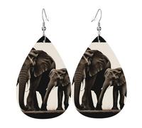 Boucle D'Oreille, Vieil Éléphant Et Jeune Éléphant Imprimé, Leather Earrings, Légères, Tendance, Boucle D'Oreille En Cuir Pour Cadeau Filles Decorations