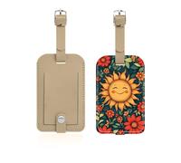 Boucle en métal 2 Pcs Étiquettes pour Bagages, en PU Cuir Étiquette de Sac à Main pour valises, identifiants de voyage, cadeaux de voyage pour homme/femme, Soleil fleurs rouges et feuilles vertes
