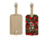 Boucle en métal 2 Pcs Étiquettes pour Bagages, en PU Cuir Étiquette de Sac à Main pour valises, identifiants de voyage, cadeaux de voyage pour homme/femme, Champignons rouges feuilles vertes