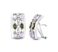 Boucled’oreille Bague en or blanc 18 carats sertie de zirconiums cubiques de 18 mm et de pierres vertes et mauves.