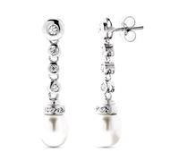 Boucled’oreille Boucles d'oreilles longues en or blanc 18 carats de 30 mm avec zircon cubique et une perle de culture de 8 mm.