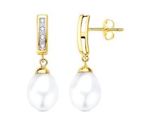 Boucled’oreille Or bicolore 18 carats, perle en forme de poire de 25 mm sertie d'oxydes de zirconium, barrette verticale