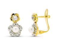 Boucled’oreille Or bicolore 9 carats avec une forme de fleur de 12 mm, un centre de perle de culture et une zircone cubique.