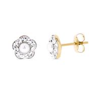 Boucled’oreille Or bicolore 9 carats avec une forme de fleur de 6 mm, une perle non naturelle de 3 mm et une zircone cubique.