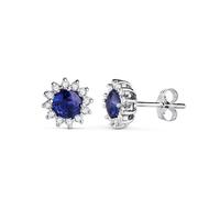 Boucled’oreille Or blanc 18 carats pour femme 9 mm. saphir central 0,56 ct. combiné 24 diamants 0,014 ct.