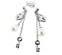 Boucles Argent 'Clé de l'Amour' blanc argenté rhodié - 17x10 mm (cadenas, coeur, clé) [Q3327]