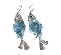 Boucles d ' oreilles à franges en écailles de poisson bleues, Design de disque rond pour toutes les occasions, boucles d ' oreilles pendantes en écailles de poisson à la mode