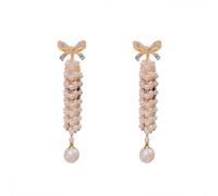Boucles d’oreilles à nœud papillon personnalisées à la coréenne, perles à long pompon, Grandes boucles d’oreilles ultra-fée légères pour femmes