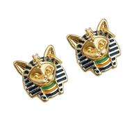 Boucles d ' oreilles à tige Pharaon félin avec accents décoratifs | Apparence dorée, détails multicolores du visage et de la coiffure, format clou familier, paire pour expositions