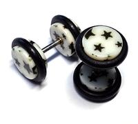 Boucles d’Oreilles Blanc Étoiles Noires 8mm Anneau Caoutchouc Barbell Haltère Vis Piercing Clou à Visser Goujon Plug Bouchon Faux Écarteur Hypoallergénique fake tunnel cadeau homme femme fille garçon