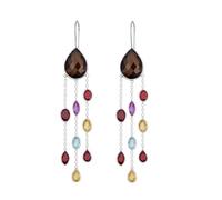 Boucles d’oreilles chandelier femme argent sterling 925 avec quartz fumé poire et pierres fines multicolores style bohème bijoux artisanaux pendants