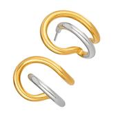 Boucles d ' oreilles créoles doubles avec attaches pour oreilles | Aspect mixte de métaux, structure sculpturale à double boucle, paire coordonnée pour un usage quotidien