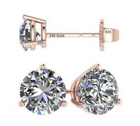 Boucles d’Oreilles en argent, tige en or 14K et brillant CZ pure brillance, avec 3 griffes - 1.5 à 4.0 Carats Poids Total (Or rose et argent sterling, 3.00)