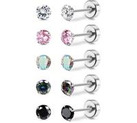 Boucles d Oreilles en Titane pour Femme Fille 5Paires G23 Piercing Titane Arc-en-ciel 5A Cubique Zircone Hypoallergénique 20G Flat