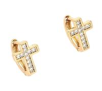 Boucles d’Oreilles - Femme/Enfant - Créoles - Croix - Cristal - Blanc - Plaqué Or Jaune 750/1000 - 3 Microns - 10 mm