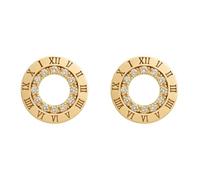 Boucles d’Oreilles Femme Plaqué Or 18K - Puces Cadran Chiffres Romains & Zirconium, Diamètre 12 mm, Fermoir Tige Poussette - Bijoux Élégants et Tendance