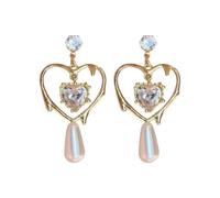 Boucles d’oreilles françaises rétro Heart Pearl pour femmes, boucles d’oreilles creuses en Zircon et perle, bijoux de personnalité de mode exquis