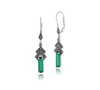 Boucles d’Oreilles Goutte Art Déco Vert Chalcedoine & Marcasite en Argent 925