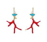 Boucles d ' oreilles pendantes à crochet avec détail de branche | Détails superposés bleu turquoise et blanc nacré, contours dorés, profil suspendu, fils d ' oreille à crochet