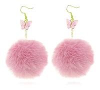 Boucles d ' oreilles pendantes à pompon papillons, boule de fourrure artificielle, boucles d ' oreilles moelleuses, pompon coloré adapté filles, goutte de papillons pour femmes et filles