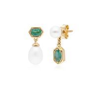 Boucles d’Oreilles Pendantes Décalées Perle & Émeraude Or Plaqué Argent 925