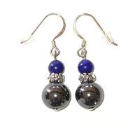 Boucles d’Oreilles Pendantes en Argent 925, Hématite et Pierres Véritables. Charme petites Fleurs en Argent 925 Vieilli et Pistons de Sécurité Offerts (LAPIS LAZULI)