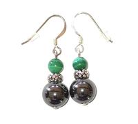 Boucles d’Oreilles Pendantes en Argent 925, Hématite et Pierres Véritables. Petites Fleurs en Argent 925 Vieilli et Pistons de Sécurité Offerts (MALACHITE)