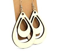 Boucles d’Oreilles Pendantes en Bois Écoresponsables - Design Double Goutte Ajouré - Ultra Légères - Fabrication Française - Crochets Acier Chirurgical 316L (naturel, Petites)