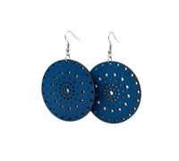 Boucles d’Oreilles Pendantes en Bois Écoresponsables - Design Rond Ajouré Inspiration Orientale - Ultra Légères - Fabrication Française - Crochets Acier Chirurgical 316L (bleu, Petites)