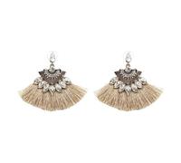 Boucles d'oreille - BEIGE - Pompons éventail - Frange coton - Style bohème chic - 7 cm x 6 cm
