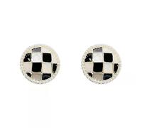 Boucles d'oreille blanches noires rondes de goujon de damier d'or, mini bijoux quotidiens de frontière de perle