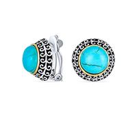 Boucles D'Oreilles À Clip En Forme De Dôme Turquoise Bleu Simulé Bleu Style Bouton À Deux Tons De Style Balinais Pour Femmes Avec Oreilles Non Percées Plaqué Argent Et Or