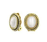 Boucles D'Oreilles À Clip En Laiton Plaqué Or Oxydé Avec Perles Mabe Simulées Blanches Bouton Bordure Torsadée Et Câble Pour Femmes