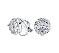 Boucles D'Oreilles À Clip En Zircon Cubique Rond Solitaire Taille Brillant Halo Pour Femmes Sans Perçage En Laiton Plaqué Argent