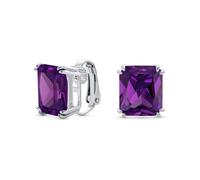 Boucles D'Oreilles À Clip Pour Femmes Classiques Traditionnelles Grandes Émeraude Taillée Améthyste Violette Simulée AAA CZ Solitaire Plaquées Argent Non Percées 14MM
