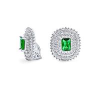 Boucles d'oreilles à clip pour femmes, style Art Déco classique traditionnel, fête formelle de vacances, mariage, émeraude simulée taille émeraude, triple rangée de baguettes halo, AAA CZ, non